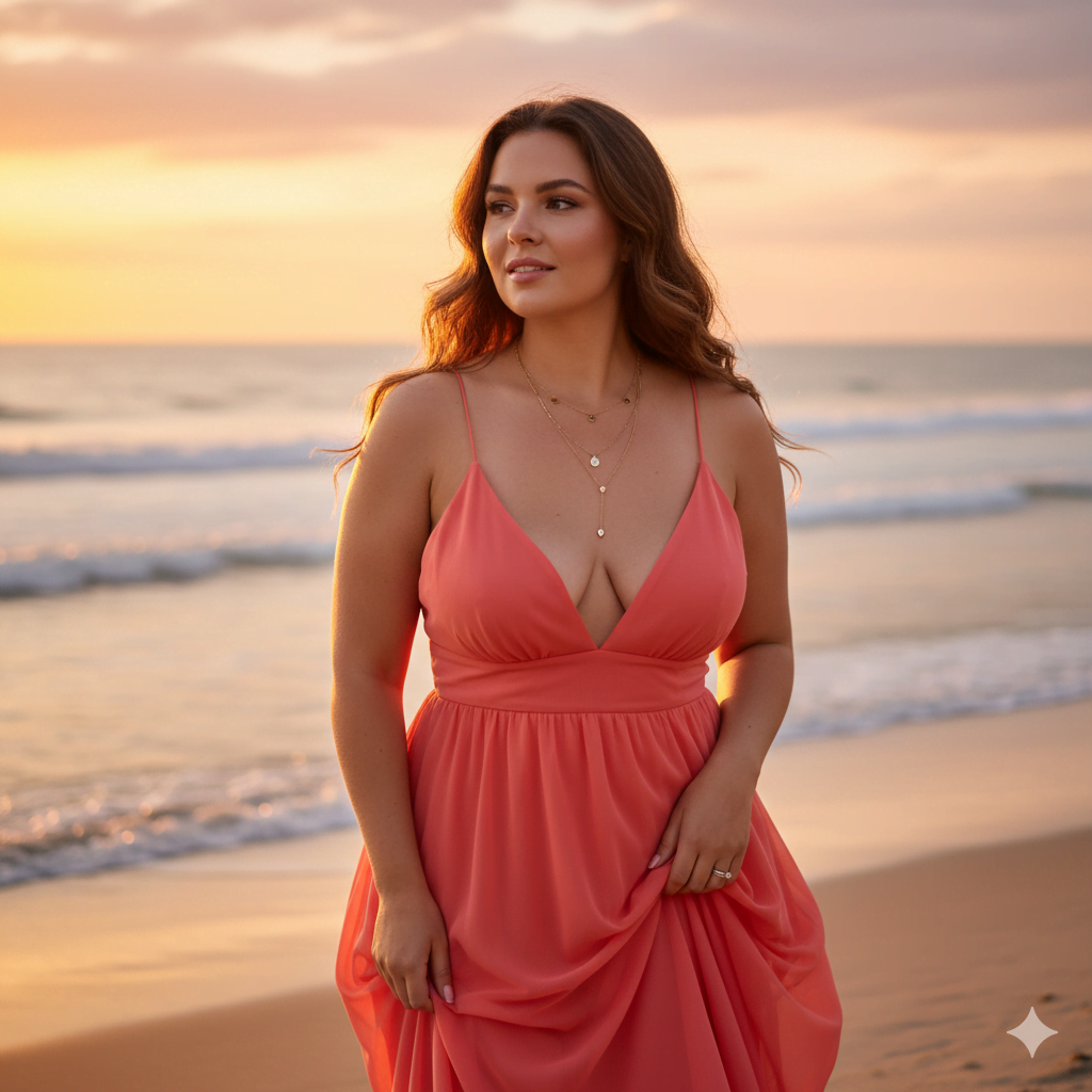 A beautiful chubby woman stands on the beach during sunset