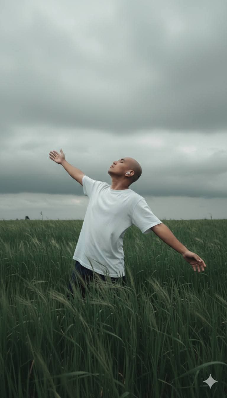 standing in a lush green field of tall grass, beneath a cloudy, overcast sky.