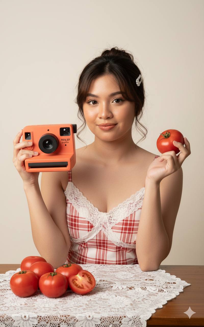 She is in a studio with a light cream-colored background