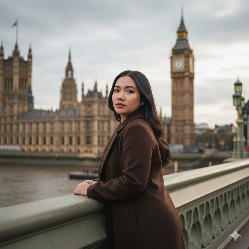 A woman leans against a bridge railing in London.